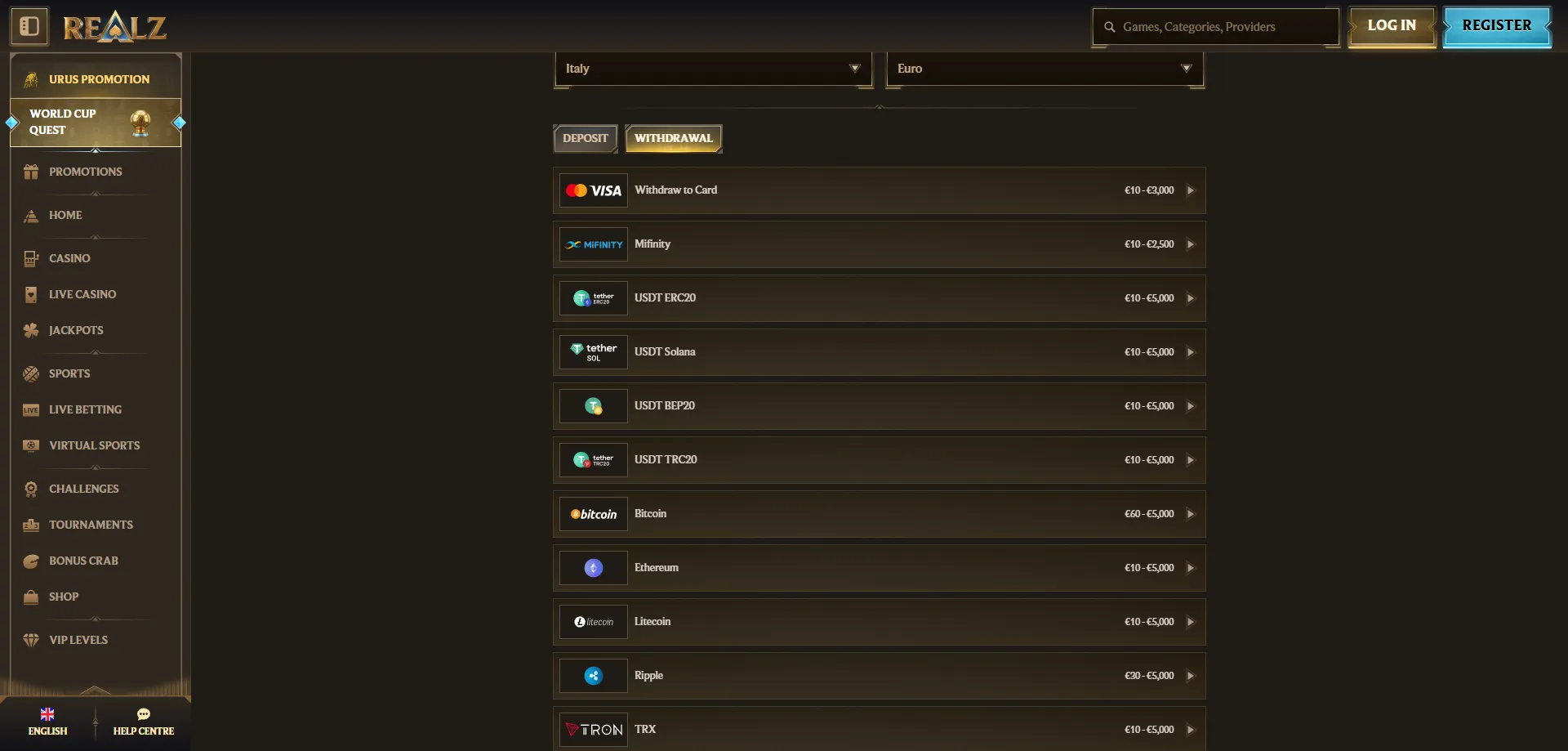 Metodi di pagamento Realz Casino deposito e prelievo Italia